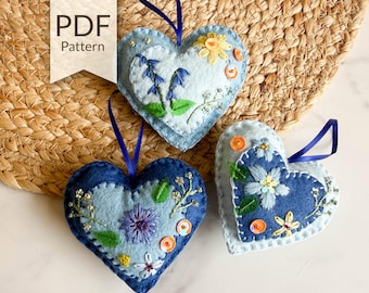 Blue Beaded Felt Heart Ornaments Pattern | DIY Embroidery (PDF Pattern)