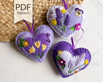 Purple Felt Heart Ornaments Pattern | DIY Beaded Embroidery (PDF Pattern)