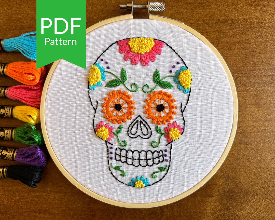 Sugar Skull Embroidery Pattern | Beginner Dia De Los Muertos Design ...