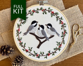 Chickadee Trio Embroidery Craft Kit | Winter Birds | Step by Step Beginner Embroidery Pattern | Christmas Wreath Design | DIY Handmade Gift