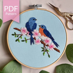 PDF Pattern | 5&quot; Eastern Bluebird | Spring Bird Embroidery Design | Step By Step Beginner Embroidery Pattern | Flowers and Bird