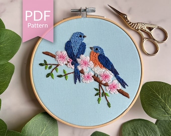 PDF Pattern | 5" Eastern Bluebird | Spring Bird Embroidery Design | Step By Step Beginner Embroidery Pattern | Flowers and Bird