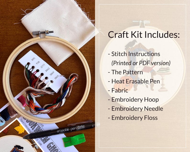 Shows the supplies included in this Halloween craft kit, including a bamboo embroidery hoop, a set of labeled DMC embroidery floss, cream colored cotton fabric, a heat erase pen used to transfer the pattern to fabric, an embroidery needle and the pattern with detailed instructions on how to complete the craft project.