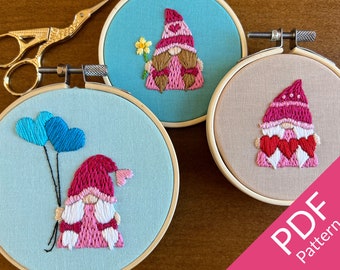 Lady Gnomes Embroidery Pattern | Easy Beginner Hand Embroidery Pattern | Instant PDF Download | DIY Valentine's Day Craft | Gnomes Hearts