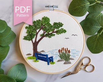 PDF Pattern | 6" Blue Bench at the Pond | DIY Spring Craft Ideas | Hand Embroidery Design | Spring Garden Embroidery | Cute Spring Crafts