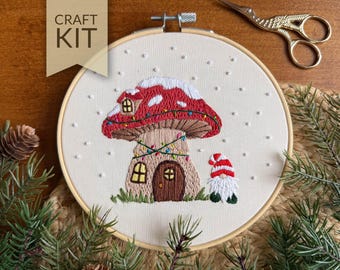 Mushroom House Embroidery Craft Kit | Winter Christmas Gnome, Cottagecore Hand Stitching