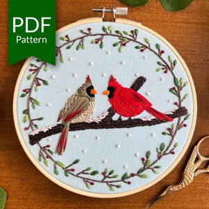 Weihnachtskardinal Hand Stickmuster | Winter Vögel Weihnachten Stickmuster | Kardinal Stickdatei Handstickerei | DIY Weihnachten