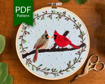 Weihnachtskardinal Hand Stickmuster | Wintervogel-Design (PDF-Muster)