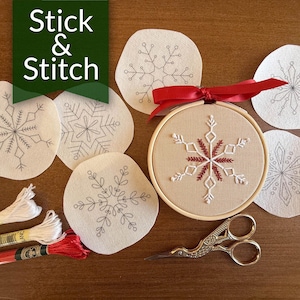 Stick and Stitch Transfers | Snowflake Christmas Embroidery Ornaments | Snowflake Hand Embroidery Pattern | Hand Embroidery Ornament Design
