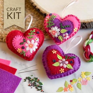 Felt Heart Craft Kit | Embroidery Pattern | Valentine Felt Heart Ornaments | Beaded Embroidery | DIY Valentine Gift | Valentine&#39;s Day Decor