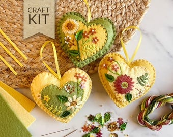 Beaded Felt Heart Ornaments in Yellows and Greens | DIY Craft Kit Embroidered Valentine Ornaments