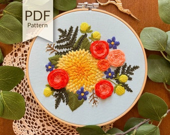 PDF Pattern - Vibrant Spring Floral Embroidery Design | Step by Step Embroidery PDF Pattern | DIY Spring Craft Kit | Hand Embroidery