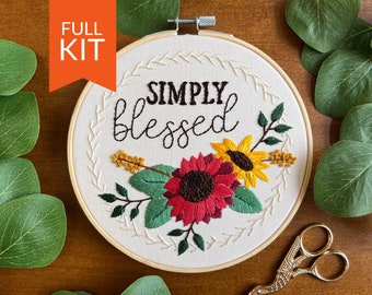 6" Simply Blessed Hand Embroidery Kit | Fall Embroidery Design | Gratitude Embroidery Pattern | Easy DIY Step By Step Beginner Embroidery