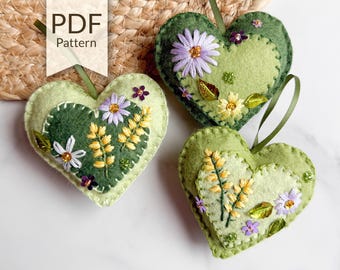 Green Beaded Felt Heart Ornaments Pattern | DIY Embroidery (PDF Pattern)