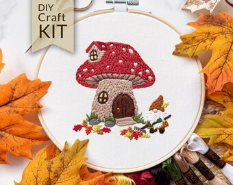 Mushroom House Embroidery Craft Kit | Fall Gnome, Cottagecore Hand Stitching