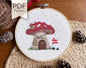 Christmas Gnome Mushroom House Embroidery Pattern | Beginner Friendly Embroidery PDF