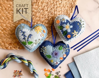 Blue Felt Heart Ornaments with Embroidery and Beading | DIY Craft Kit Embroidered Valentine Ornaments