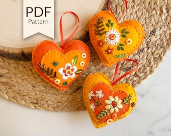 Orange Felt Heart Ornaments with Embroidery and Beading | DIY Embroidery (PDF Pattern)