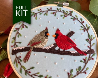 Cardinals Duet Hand Embroidery Craft Kit | Winter Love Birds | Modern Beginner Friendly Embroidery Pattern | DIY Homemade Gift | Hoop Art