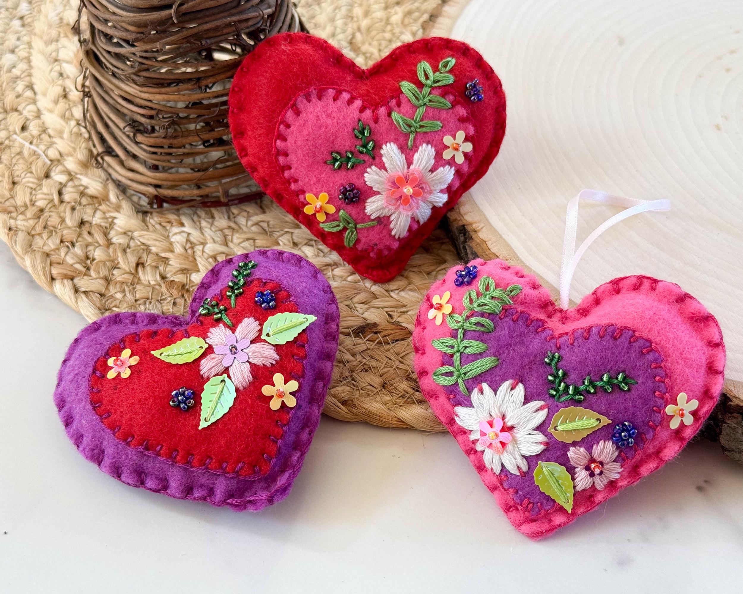 Pink Felt Heart Ornaments Pattern With Embroidery and Beading