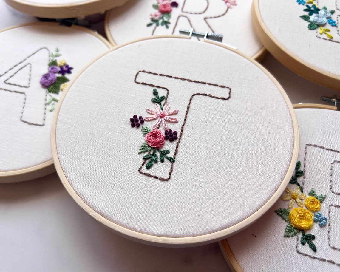 Floral Initial Embroidery PDF Pattern | A-Z Monogram Design (digital ...