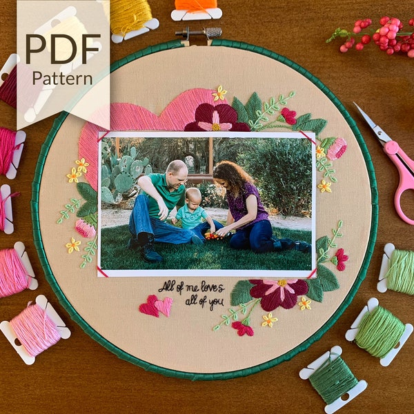 Embroidery Picture Frame PDF Pattern | Unique Floral Embroidery Photo Frame | Valentine's Heart Craft | Easy Beginner Embroidery Project