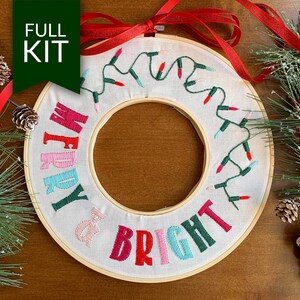 Merry & Bright Christmas Wreath Embroidery Kit | Beginner Modern Hand Embroidery Pattern | Christmas Embroidery Pattern | Gift For Her