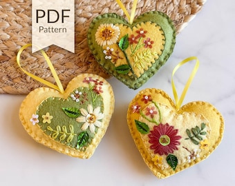 Yellow Beaded Felt Heart Ornaments Pattern | DIY Embroidery (PDF Pattern)