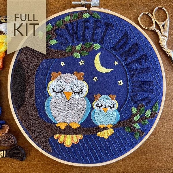 Sweet Dreams Owls Baby Embroidery Craft Kit | Owl Baby Room Decor | Nursery Bird Wall Art | New Mom Gift | Modern Hand Embroidery Pattern