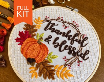Thankful & Blessed Hand Embroidery Craft Kit | DIY Fall Home Decor | Beginner Embroidery Kit | Thanksgiving Embroidery Pattern and Kit