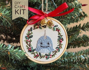 Narwhal Christmas Ornament Embroidery Craft Kit | DIY Holiday Craft, Stocking Stuffer
