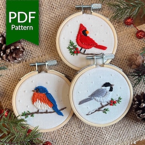 Winter Birds Embroidery Ornaments | Christmas Hand Embroidery Pattern | Cardinal | Bluebird | Chickadee | Christmas Ornament Craft Kit