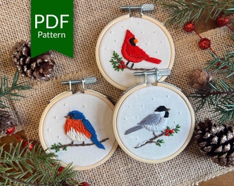 Winter Birds Embroidery | Christmas Hand Embroidery Pattern | Cardinal Embroidery | Bluebird Embroidery | Chickadee | Bird Embroidery Design