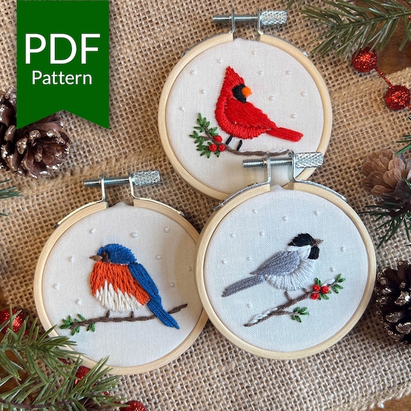 Winter Birds Embroidery Ornaments | Christmas Hand Embroidery Pattern | Cardinal | Bluebird | Chickadee | Christmas Ornament Craft Kit