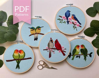 PDF Patterns | 5 Spring Birds Embroidery Designs | Cardinal, Blue Birds, Love Birds, Little Bee Eaters, Hummingbirds | Gift for Bird Lover