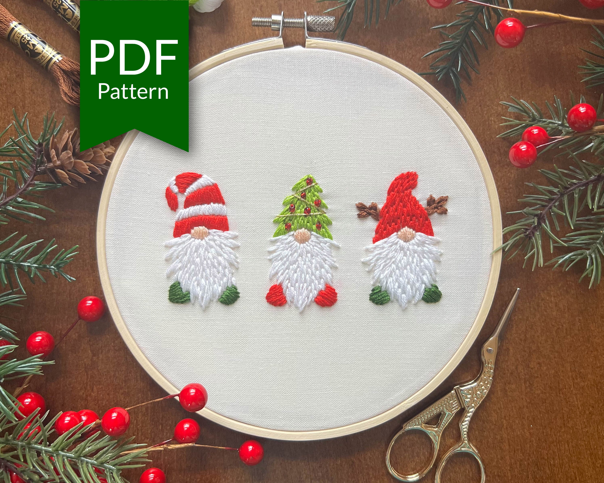 Gnomes Christmas Hand Embroidery Pattern | Easy Beginner Embroidery Design | Christmas Embroidery Designs | Gnome Embroidery | Diy Christmas