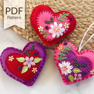 Embroidery Felt Heart PDF Pattern | Valentine&#39;s Felt Heart Ornaments | Beaded Embroidery | DIY Valentine&#39;s Gift | Valentine&#39;s Day Decor