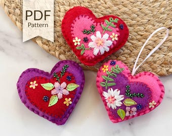 Pink Felt Heart Ornaments Pattern with Embroidery and Beading | DIY Valentine's Gift (PDF Pattern)