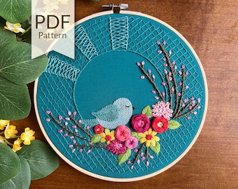 Zoete Tweet Handborduurpatroon PDF | Modern borduurontwerp | Vogel- en bloemenborduurpatroon en zelfstudie | Borduren voor beginners