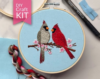 DIY Craft Kit | 5" Cardinal Embroidery Kit | Cardinal Birds and Cherry Blossoms | Bird Embroidery Design | Spring Embroidery Pattern