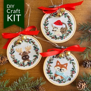 Woodland Animals Christmas Ornaments Embroidery Kit | Christmas Fox Hedgehog Moose | DIY Christmas Ornament Craft Kit | Embroidered Ornament