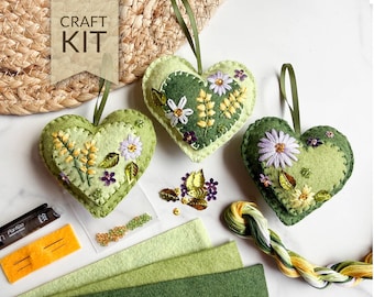 Green Felt Heart Ornaments with Embroidery and Beading | DIY Craft Kit Embroidered Valentine Ornaments