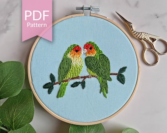 PDF Pattern | 5" Love Birds | Modern Hand Embroidery Pattern | Spring Birds | Beginner Friendly Embroidery Design