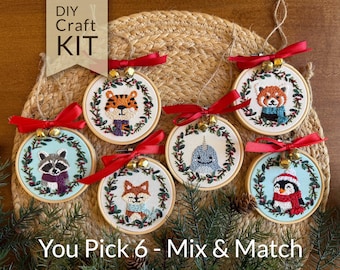 Pick Any 6 - Festive Animal Christmas Ornament Hand Embroidery DIY Craft Kit