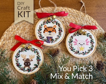Pick Any 3 - Festive Animal Christmas Ornament Hand Embroidery DIY Craft Kit