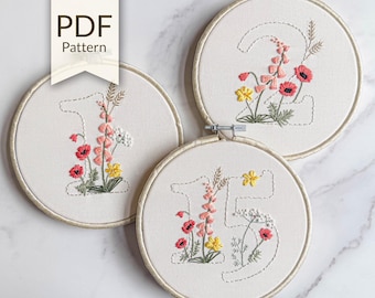 Wildflower Wedding Table Numbers Embroidery Pattern - PDF Digital Download - DIY Wedding Decor