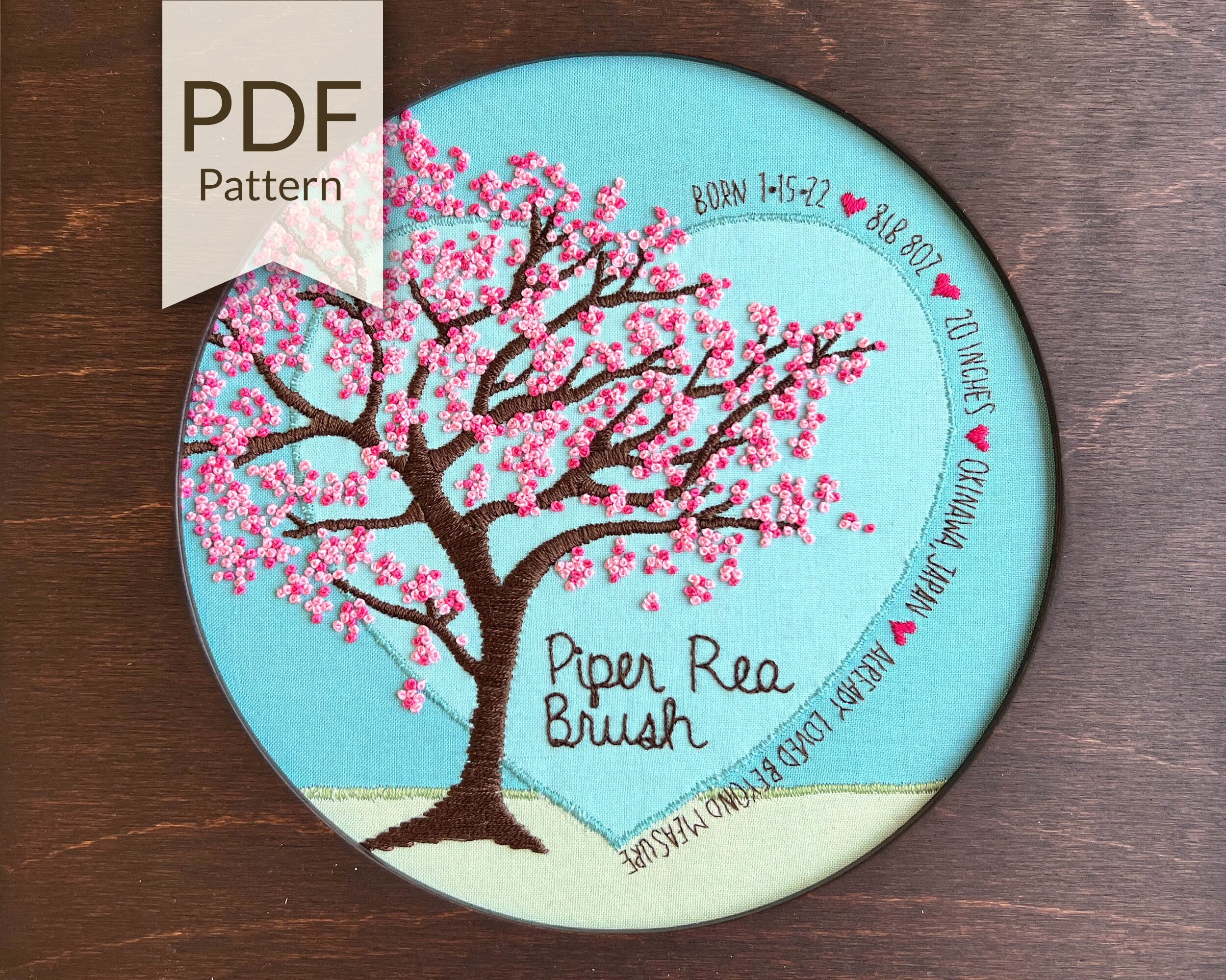 Customizable Cherry Blossom Baby Announcement Hand Embroidery PDF