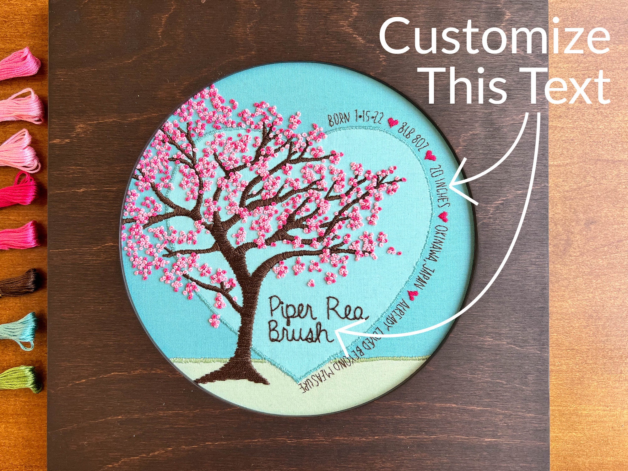 Customizable Cherry Blossom Baby Announcement Hand Embroidery PDF
