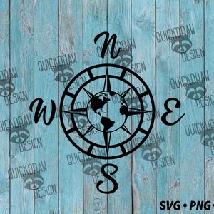 Puede incluir: Una brújula en blanco y negro con un globo en el centro. La brújula apunta al norte, sur, este y oeste. Las palabras "SVG. PNG. PDF" están en la parte inferior de la imagen.