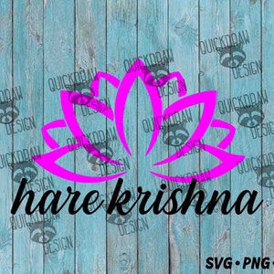 May include: A pink lotus flower with the text "hare krishna" in black script on a blue woodgrain background. The text "SVG.PNG.PDF" is at the bottom of the image.